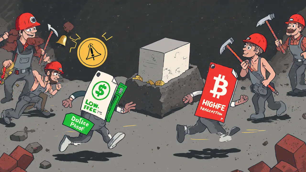 Two transaction packets race to a block, high‑fee packet overtakes low‑fee one.