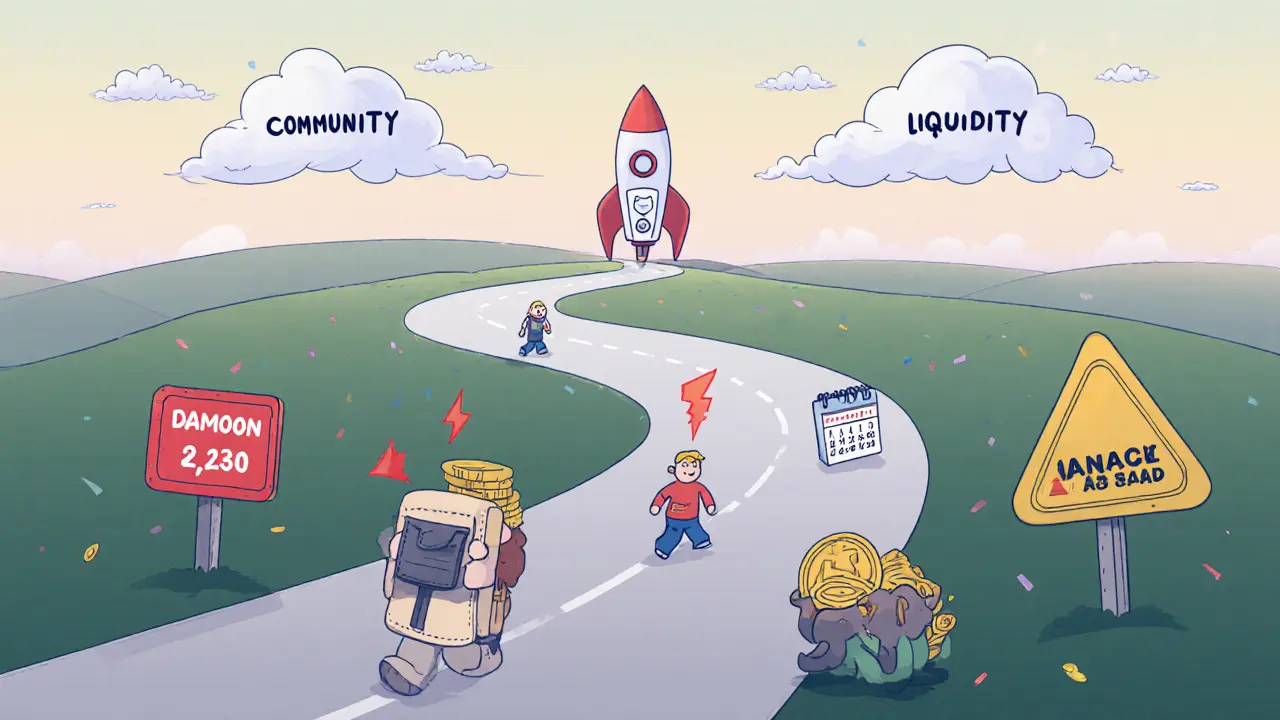 Winding rocket‑trail road showing wallets, caution signs, and vague roadmap for Damoon Coin.