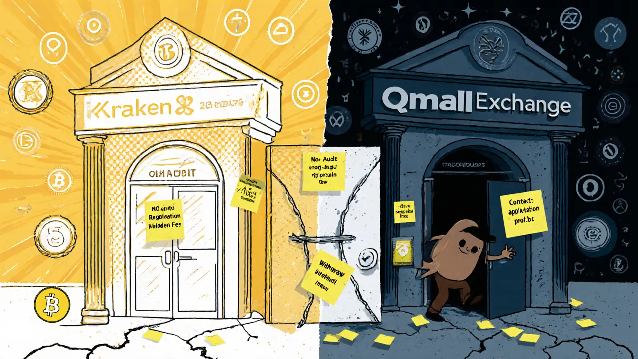 A contrast between a trusted exchange and a crumbling Qmall platform with no withdrawal option.