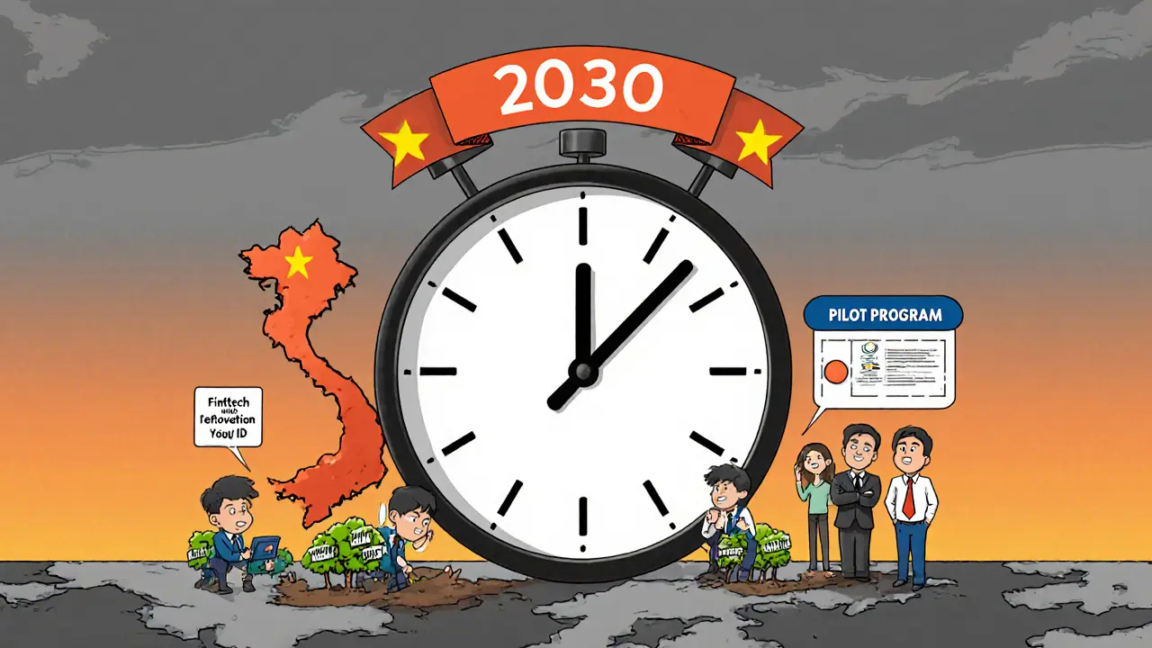 A giant 2030 countdown clock above Vietnam as traders and startups build a digital economy under government oversight.