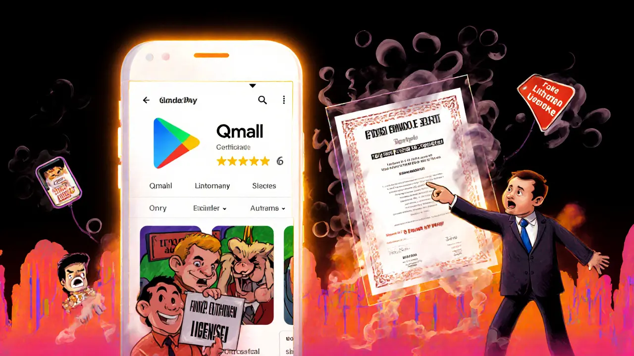 A glowing app store icon with hidden user complaints and crumbling regulation papers.