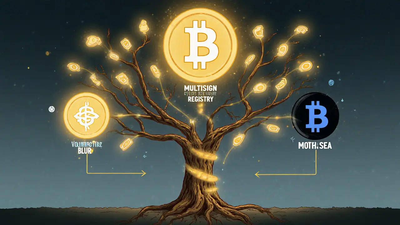 A glowing royalty registry tree connecting trusted marketplaces while rejecting one that ignores creator payments.
