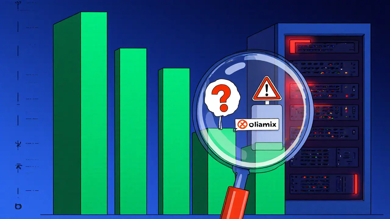 Bar chart comparing large exchange volumes to tiny transparent Jiamix bar with warning signs.