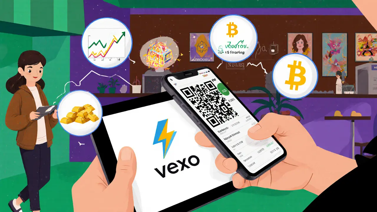 Café scene where a shopper uses Wexo to scan a merchant QR code, with floating cashback and NFT icons.