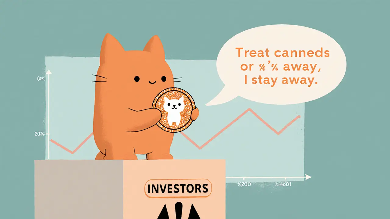 Calm character holds a glittering NYAN token beside a caution sign and flat chart.