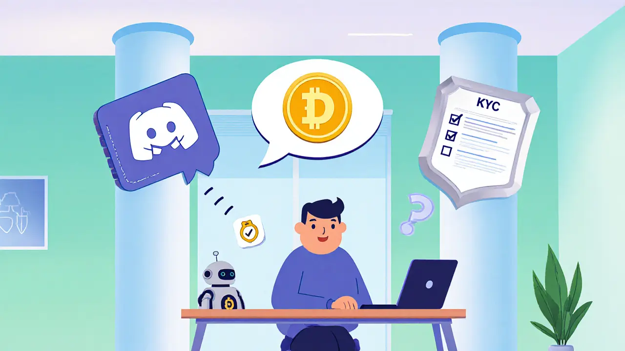 Cartoon character at a desk linking wallet, Discord badge, and KYC form to claim CPO airdrop.