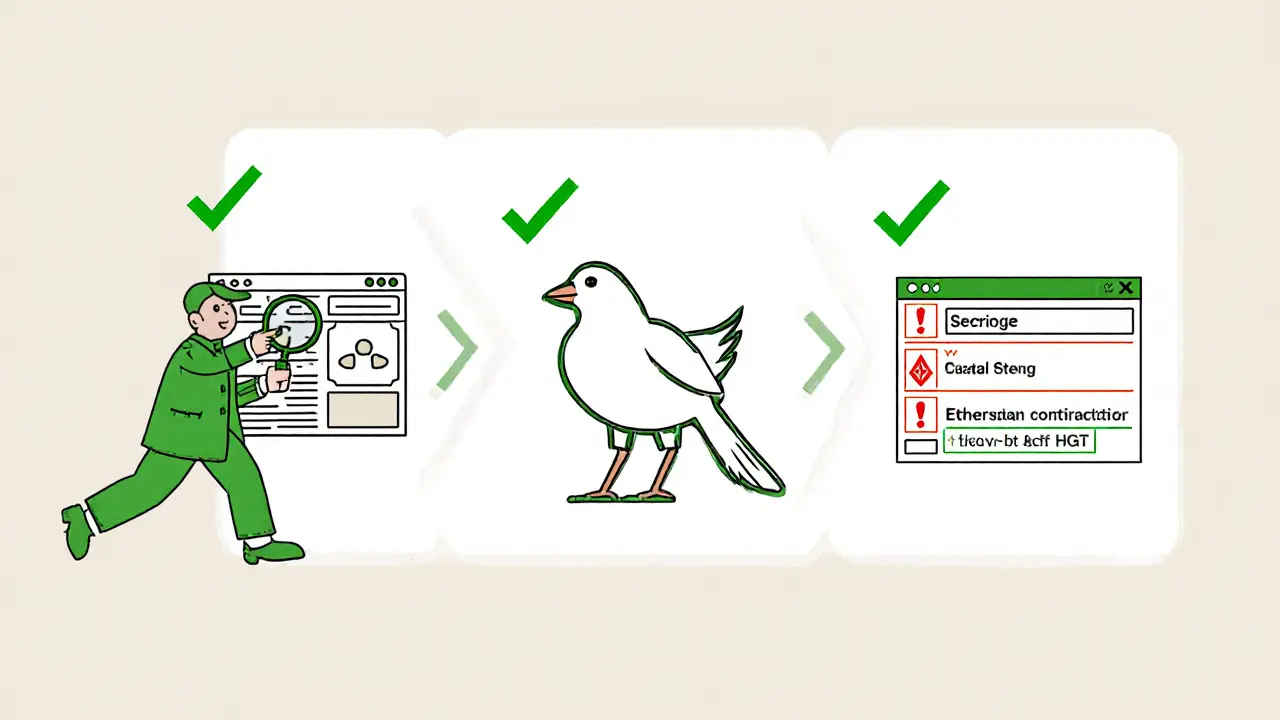 Cartoon checklist illustration of verifying a crypto airdrop website, social media, and contract.