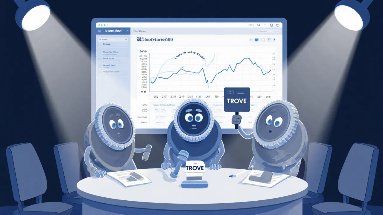 Cartoon council of TROVE tokens voting, showing a price chart and staking dashboard on a screen.
