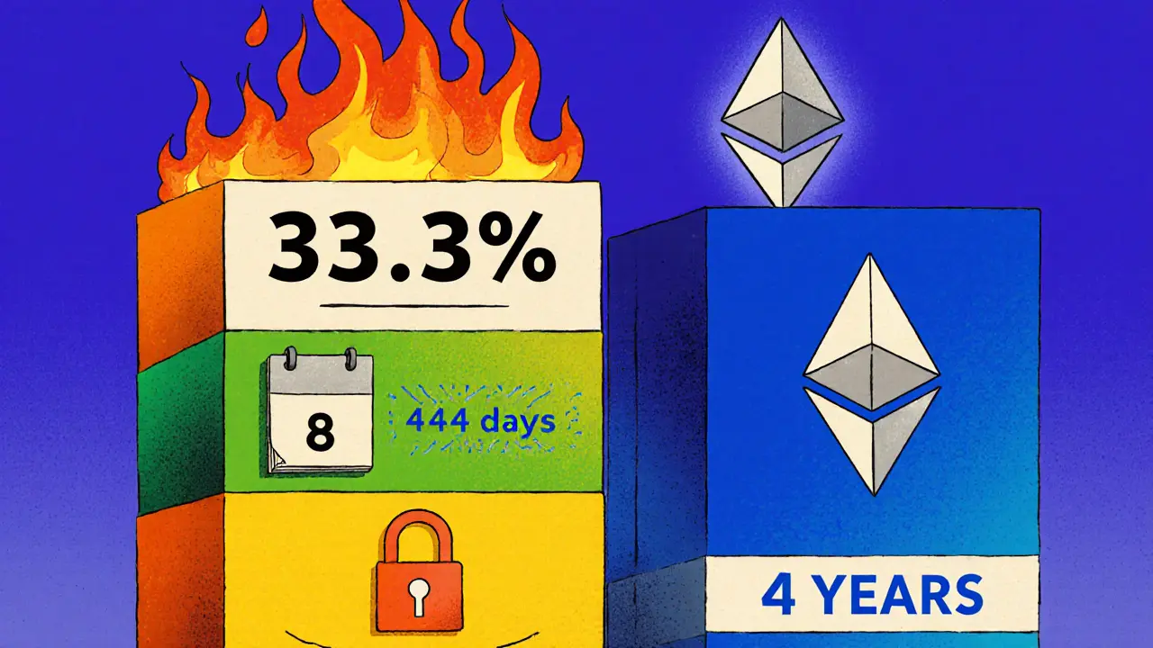 Cartoon editorial illustration of token supply split into three locked blocks, one burning.