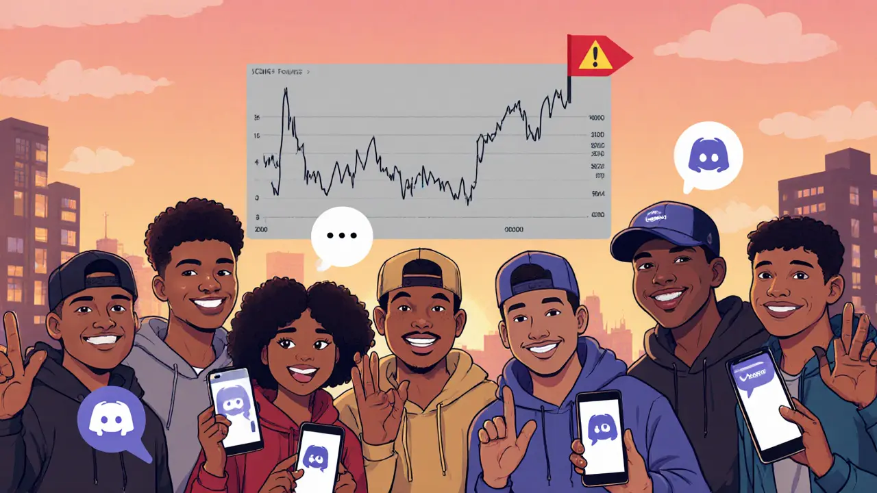 Cartoon editorial scene of community members flashing the Foursy sign with a low‑volume chart behind.