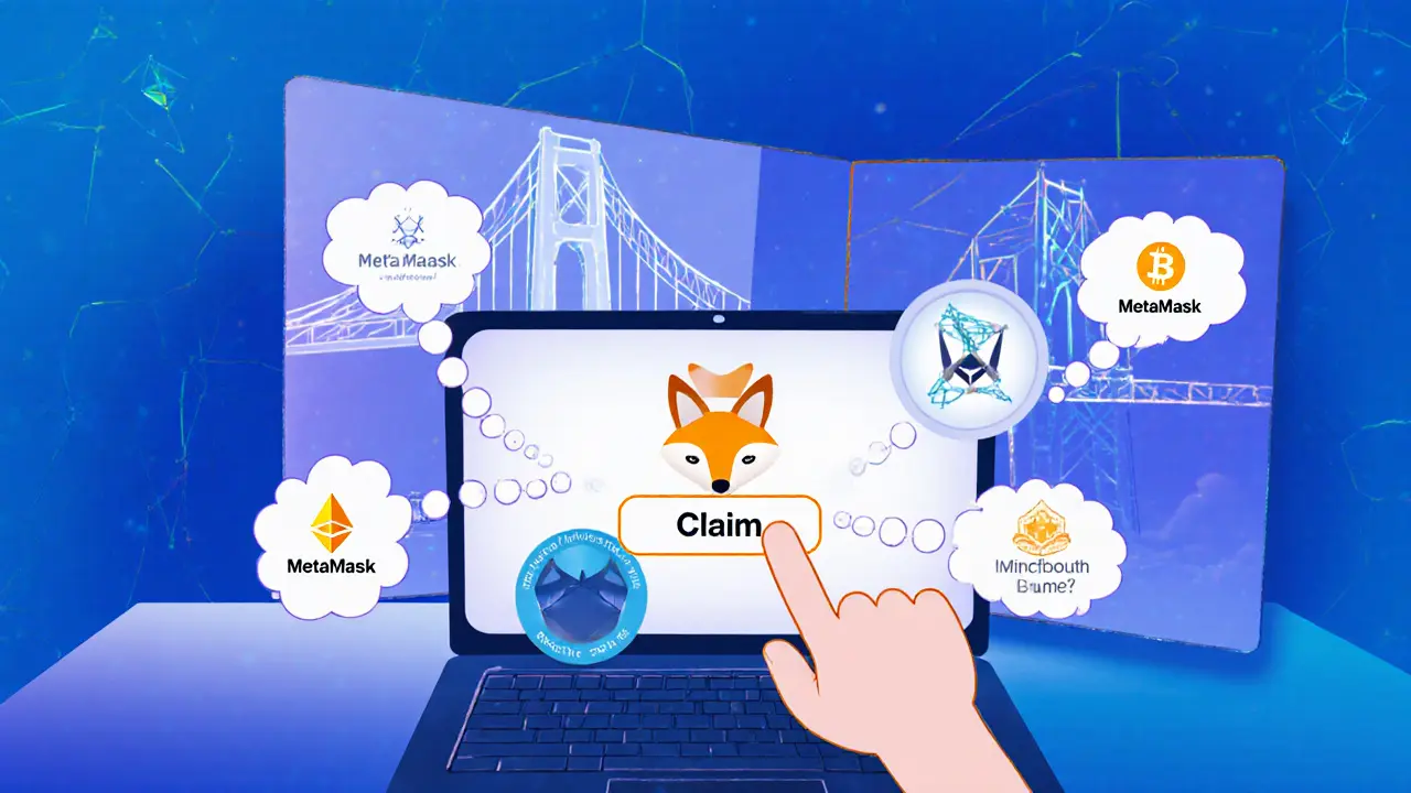 Cartoon person claiming SLD tokens via MetaMask, switching to BSC and clicking claim.