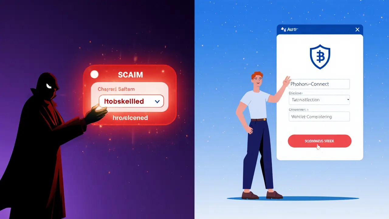 Cartoon scene contrasting a scammer&#039;s fake claim site with a user safely claiming through a wallet.
