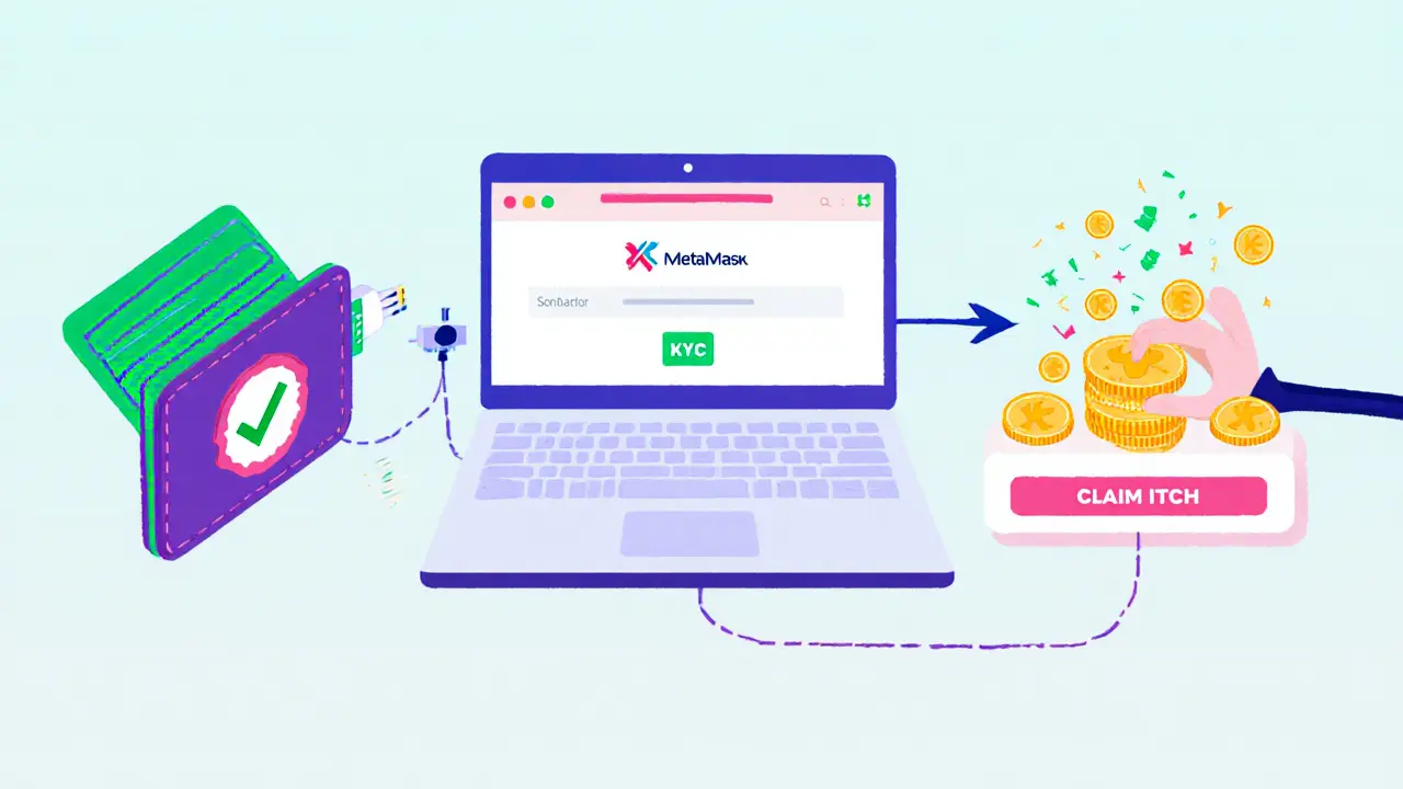 Comic‑style illustration of a user connecting a wallet, completing KYC, and claiming tokens.
