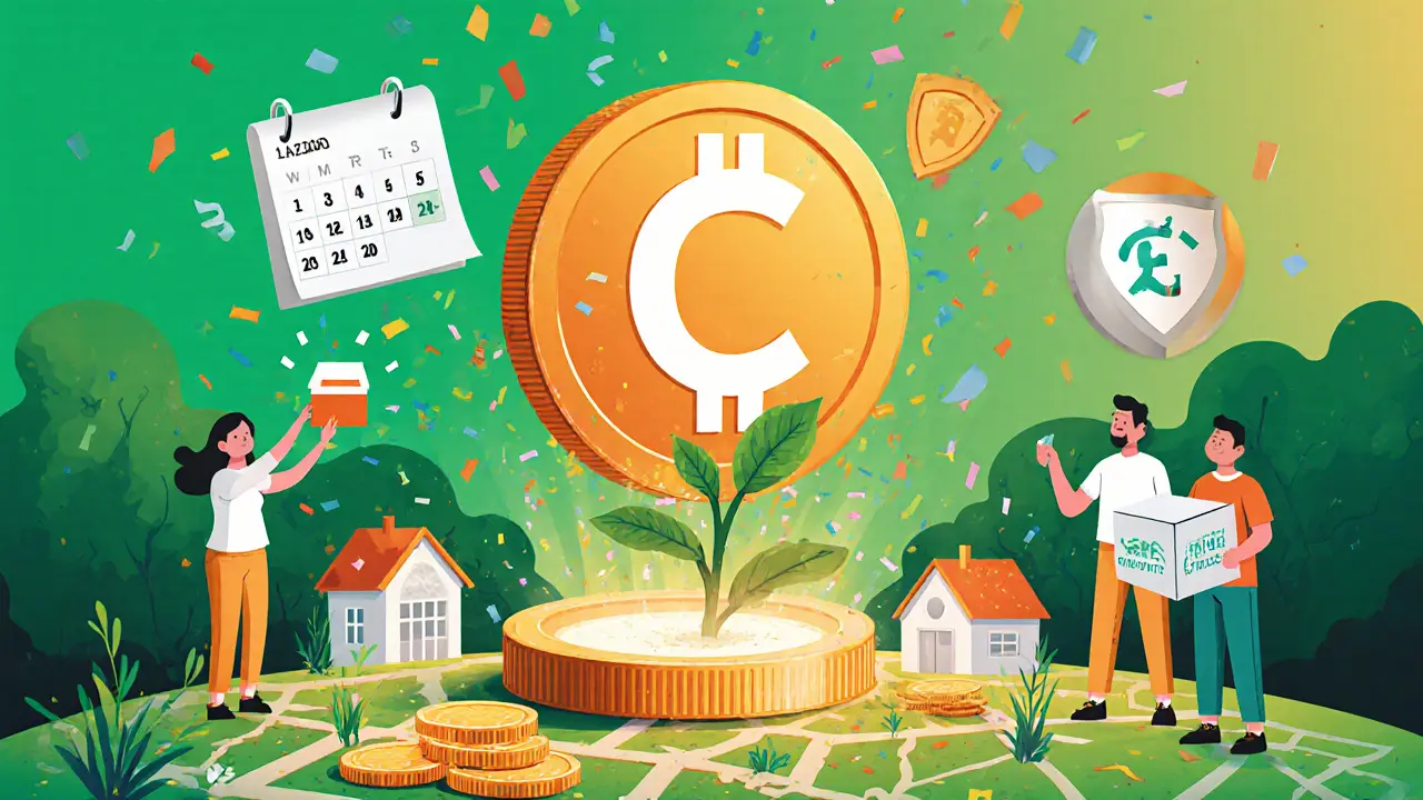 Community staking, voting, and celebrating CPO tokens, with a calendar showing monthly vesting.