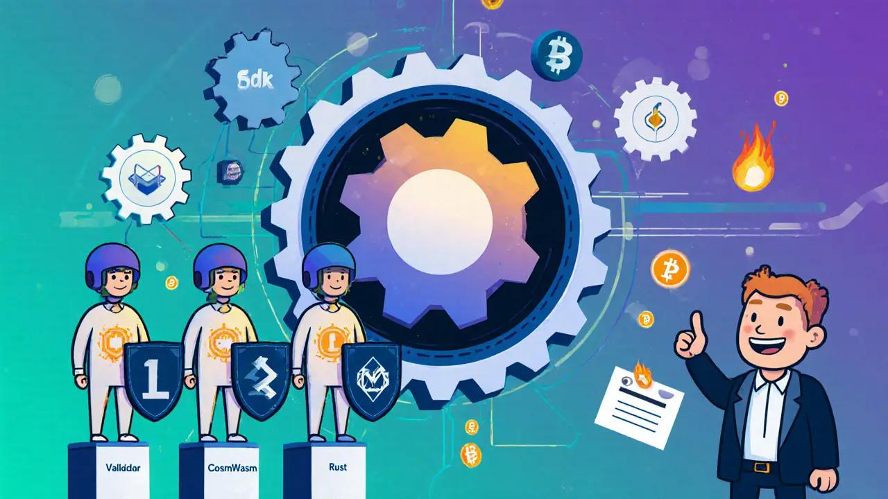 Cosmos SDK gear surrounded by validator characters, delegator voting, and token‑burn symbols.