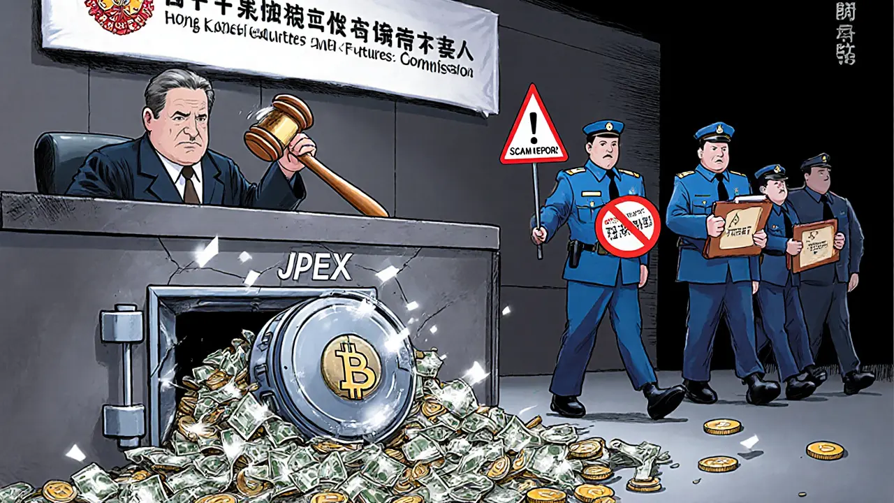 Courtroom scene with judge, frozen crypto assets spilling, and police handling JPEX scandal.
