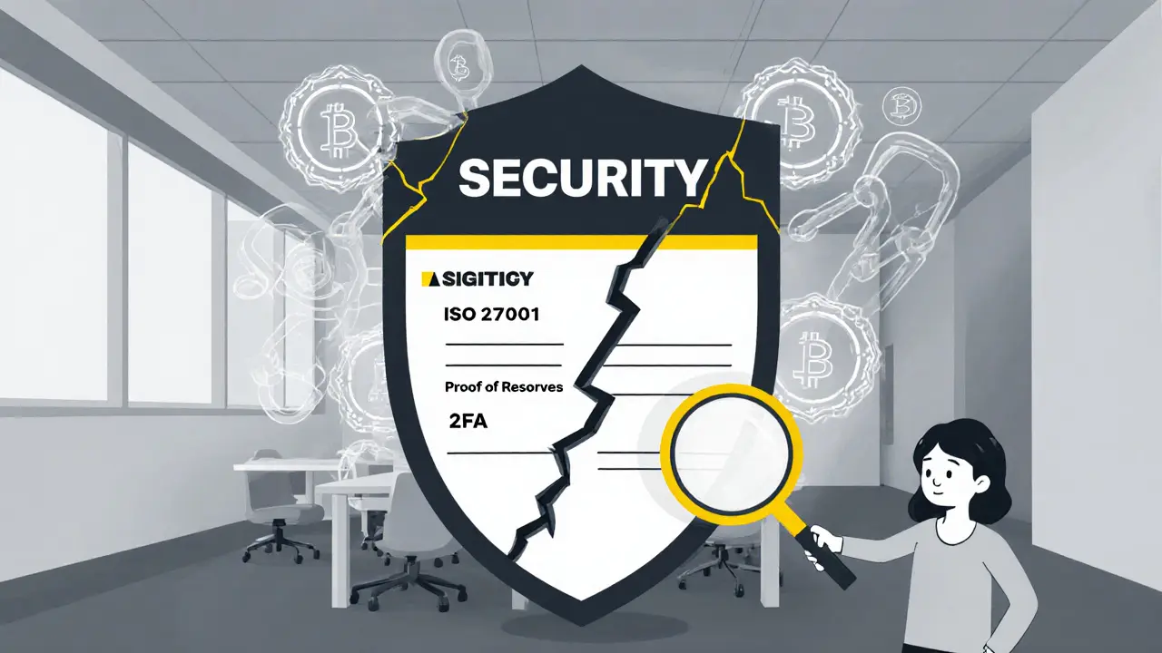 Cracked security shield and empty certification icons illustrate AUX Exchange’s lack of compliance.