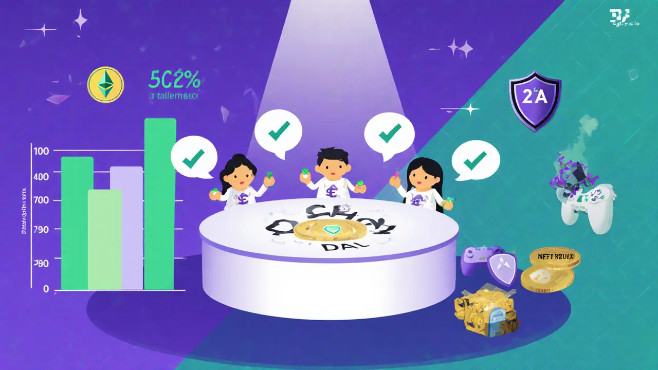 DAO council voting on tokenomics, with gaming and NFT icons representing future plans.