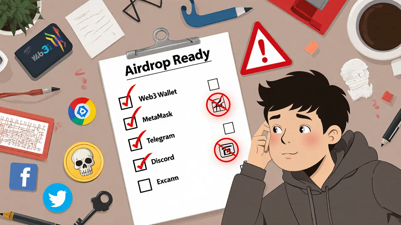 Desk checklist for airdrop readiness with red scam warning symbols.