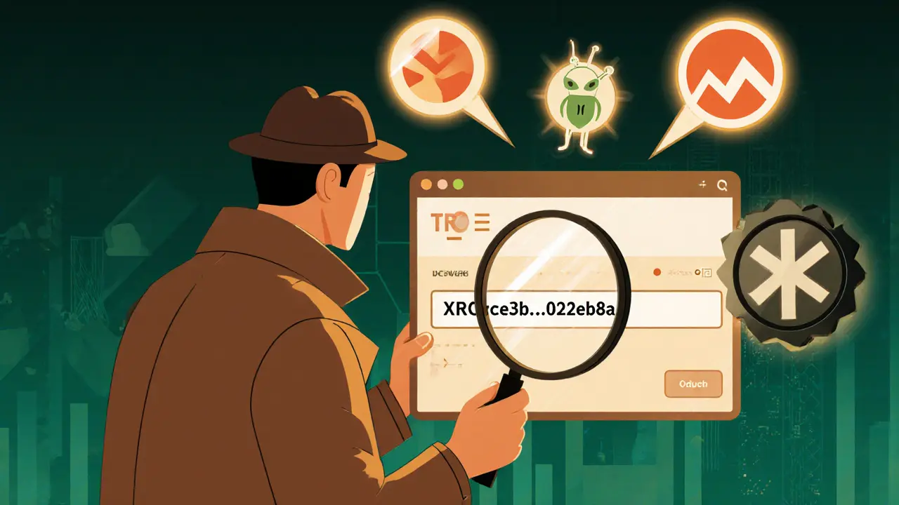 Detective figure checks TRO contract address with official source icons.