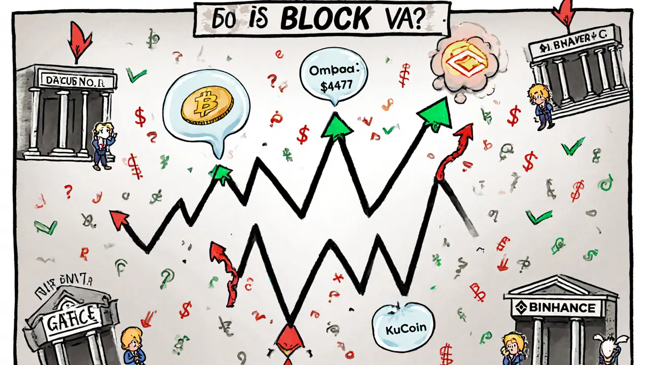 Editorial cartoon shows volatile BLOCK price chart with different exchange icons.