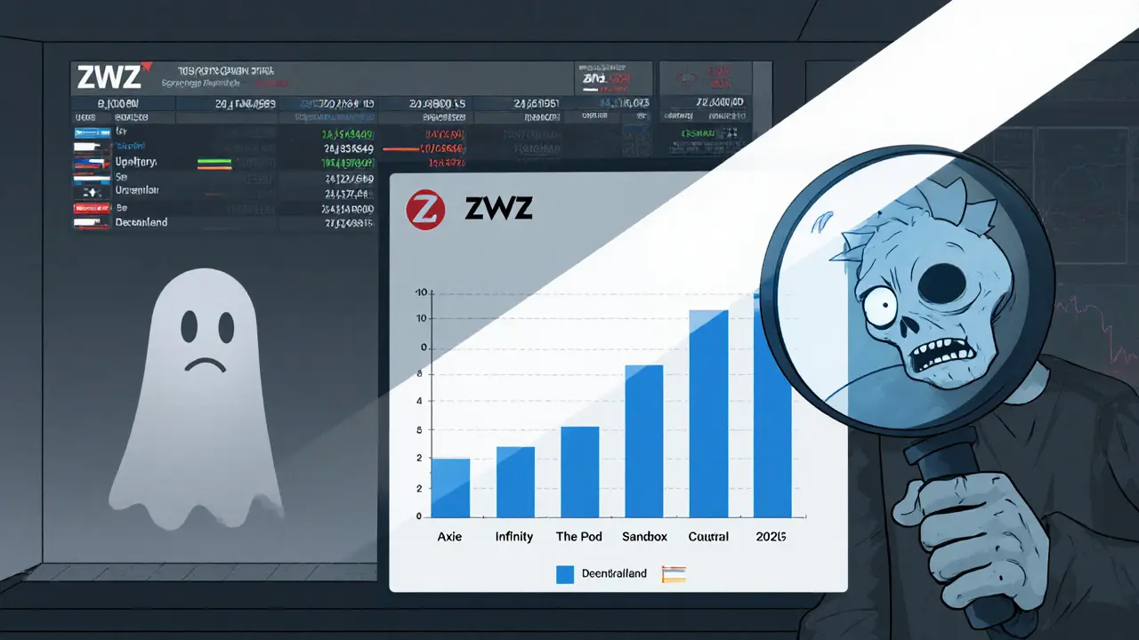 Ghostly ZWZ logo on a dim exchange board, a zombie examining low liquidity with a magnifying glass beside a comparison chart.