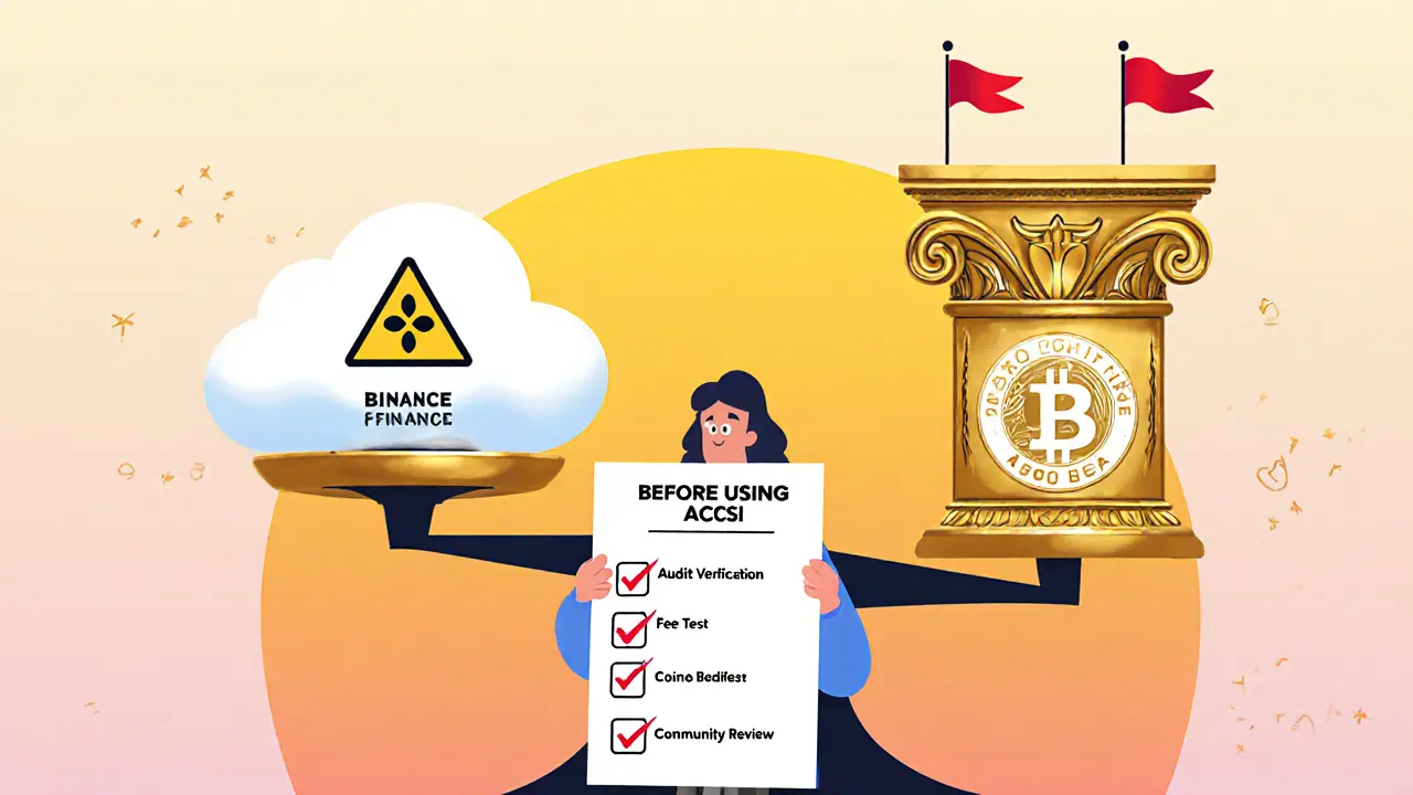 Illustration of a scale comparing ACSI Finance to Binance and Coinbase with a checklist in hand.