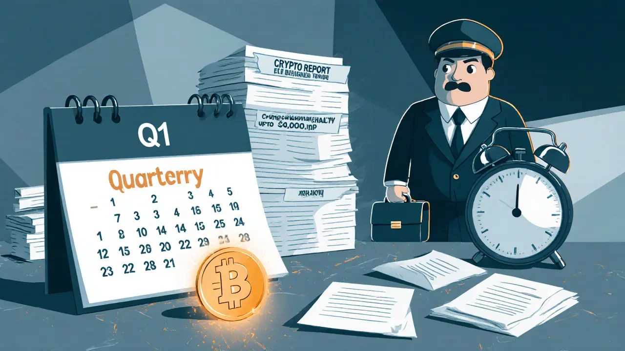 Illustration of accountant desk with quarterly crypto reports, looming tax collector, and digital ruble.
