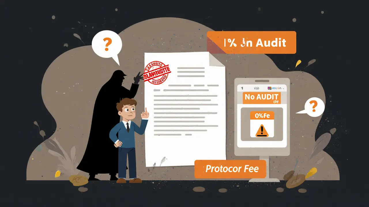 Illustration of an analyst confronting an unaudited contract and hidden fee monster near a swap interface.