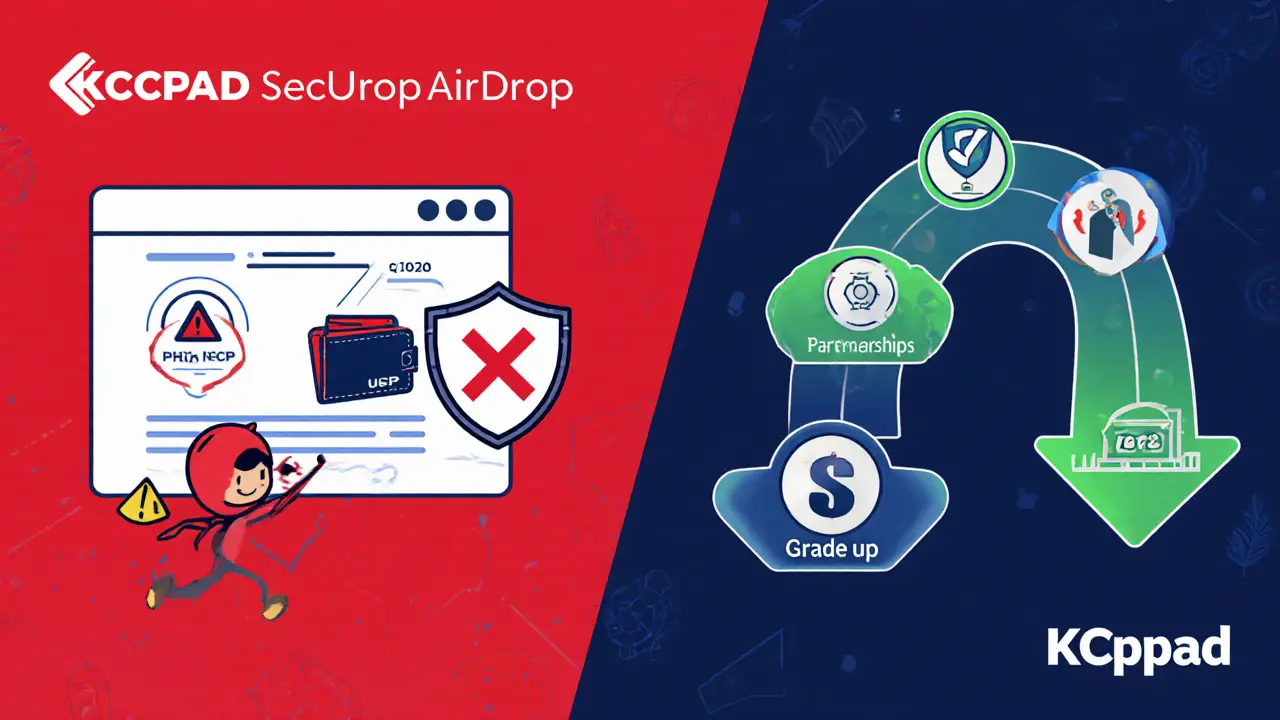 Illustration warning of phishing scams and showing a roadmap toward a 2026 token sale.