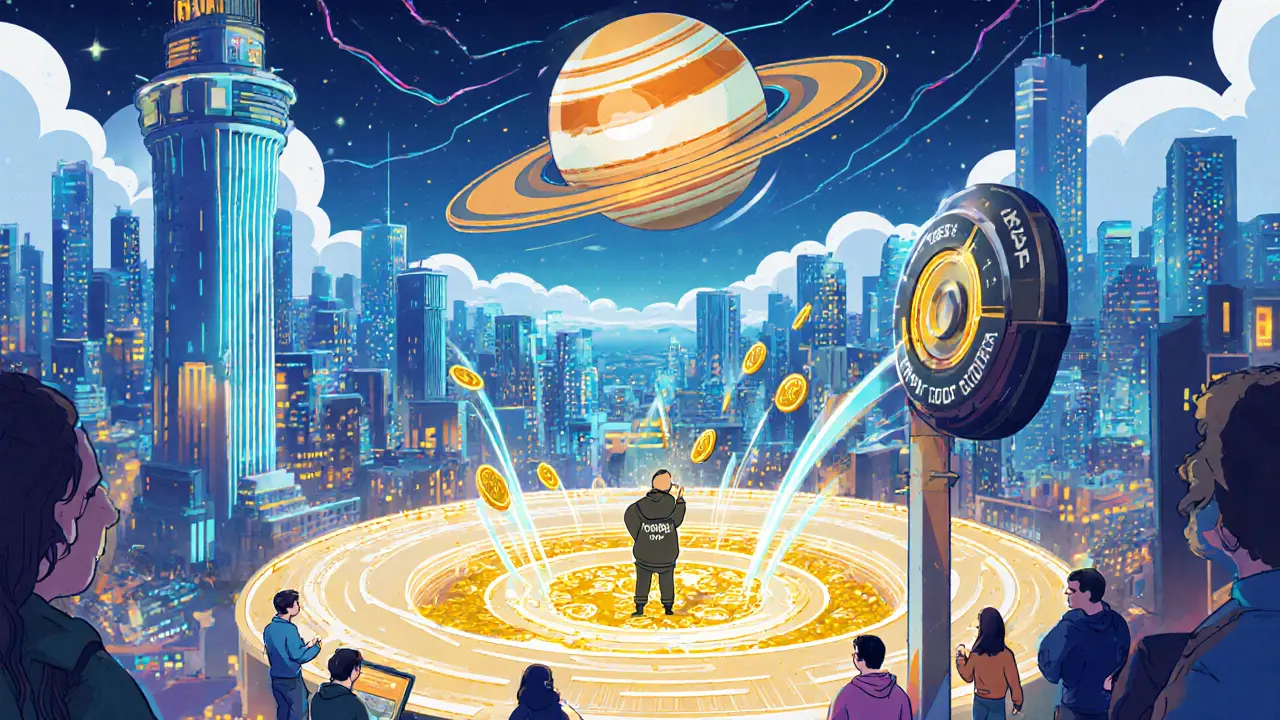 Jupiter tower at center of Solana DeFi city with deflationary JUP token shrinking supply.