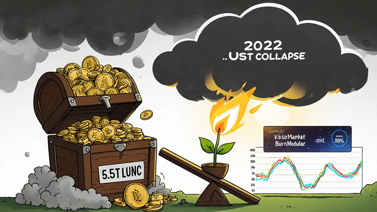 Overfilled LUNC treasure chest on a seesaw with storm cloud, burn flame plant, and upgrade banner.