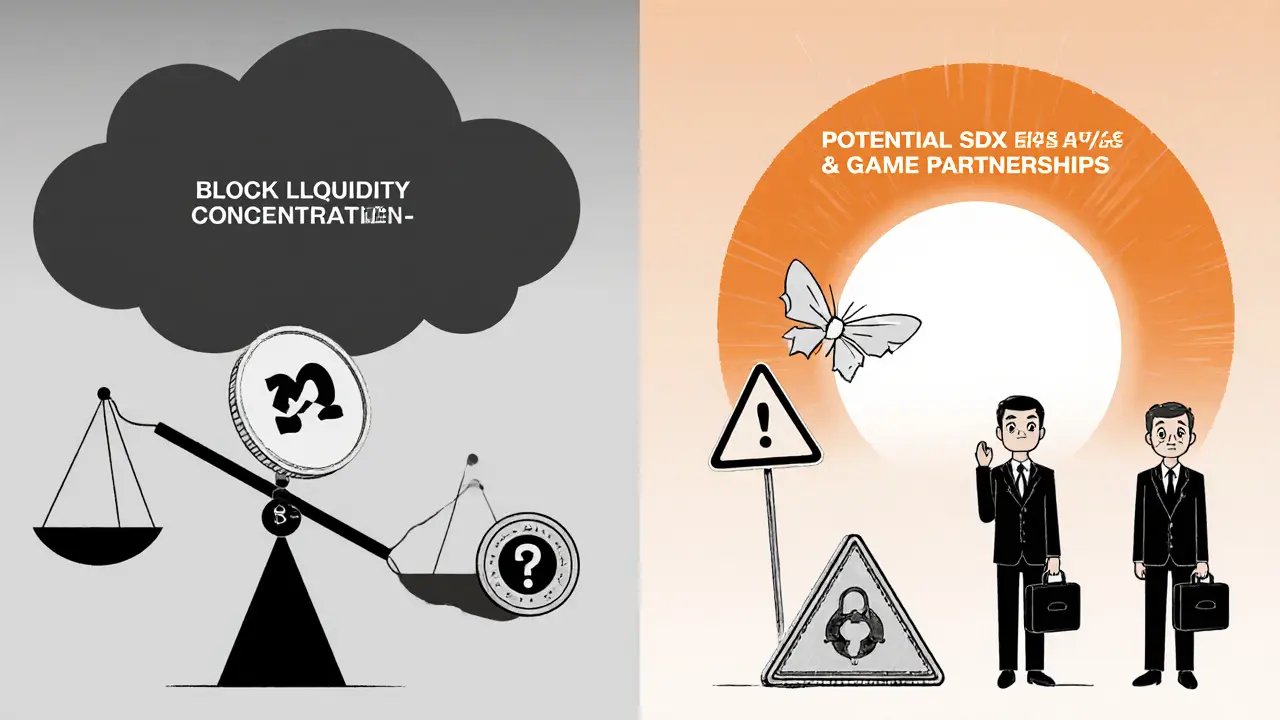 Risk‑outlook cartoon balances liquidity concentration against hopeful SDK future.