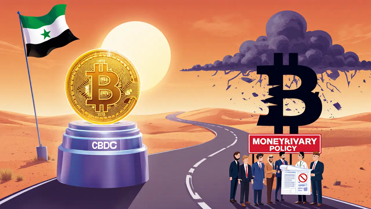 Road splits between a bright sovereign digital coin and a blocked Bitcoin, with policymakers debating.