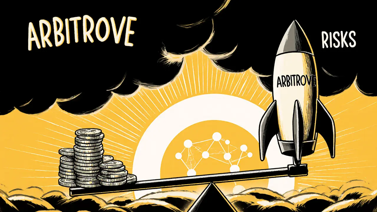 Rocket on a seesaw with low liquidity and high gas fees, dark clouds and sunrise over Arbitrum network.