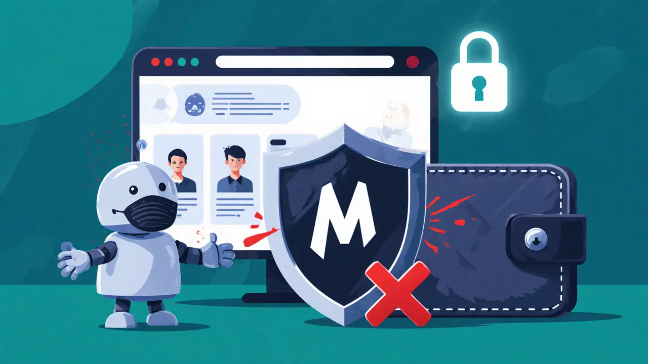 Shield protecting a wallet while a phishing bot is blocked, Discord moderators helping, HTTPS lock on Mones site.