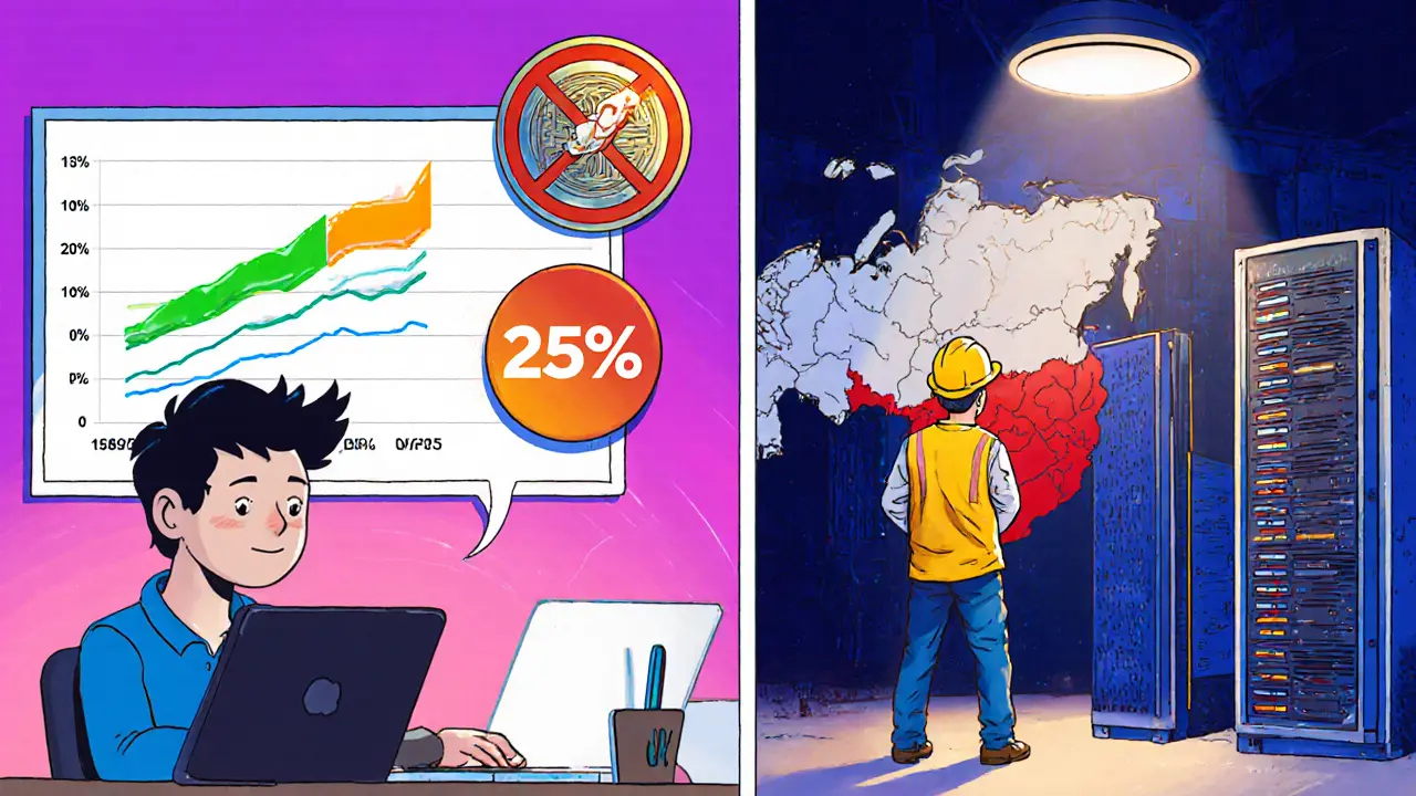 Split illustration of individual calculating crypto tax and corporate miner with 25% tax badge.