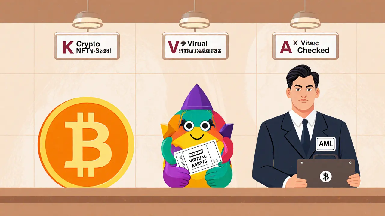 Three types of digital assets waiting in line for official verification at a licensed crypto service desk.