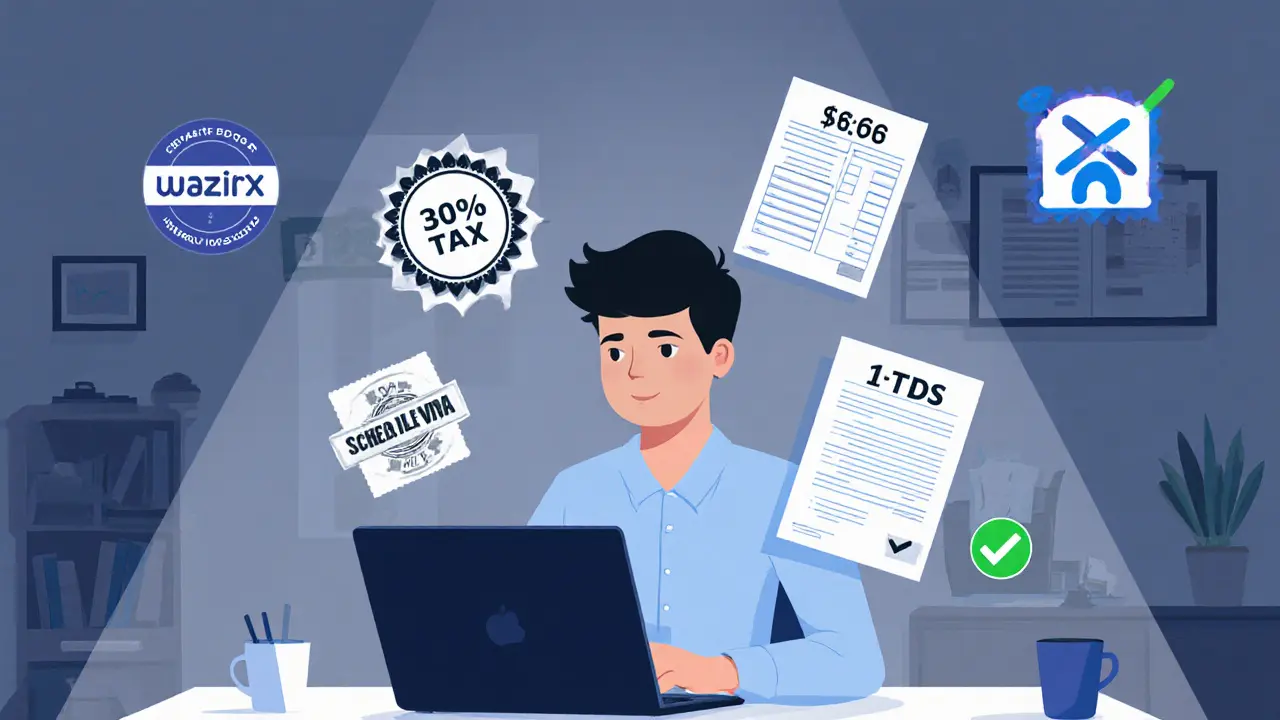 Trader at laptop surrounded by tax and compliance icons.