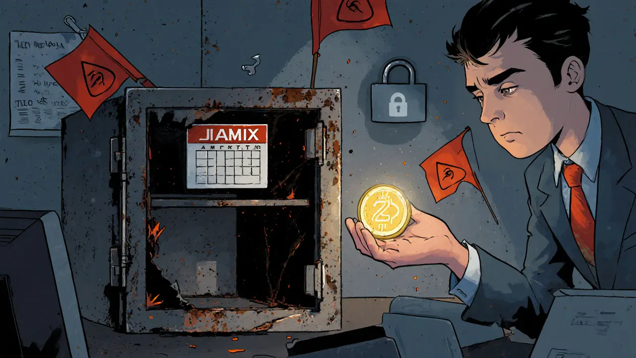 Trader holding Jaimax token beside cracked Jiamix safe with red warning flags.