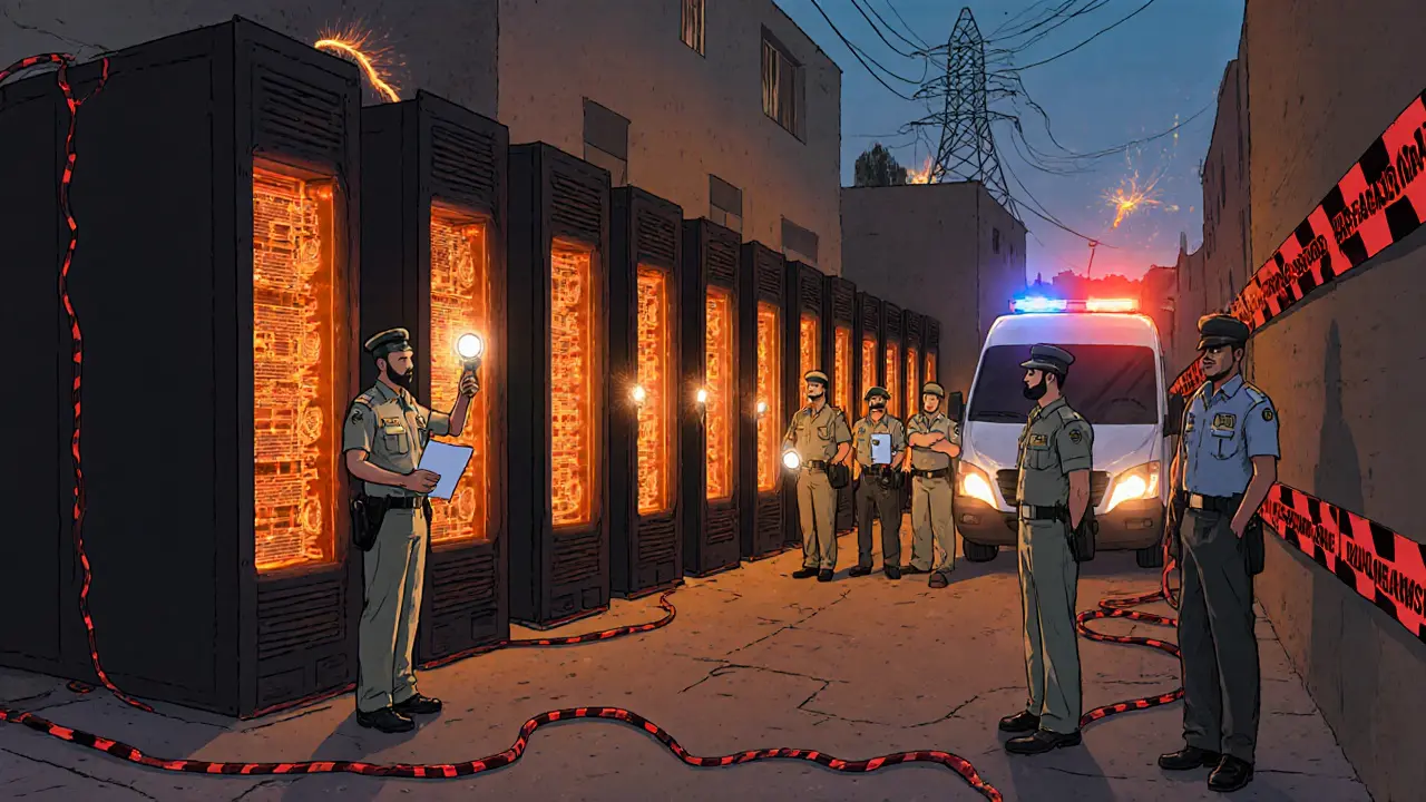 Uniformed officers raid a residential area filled with glowing, overheating crypto mining rigs.