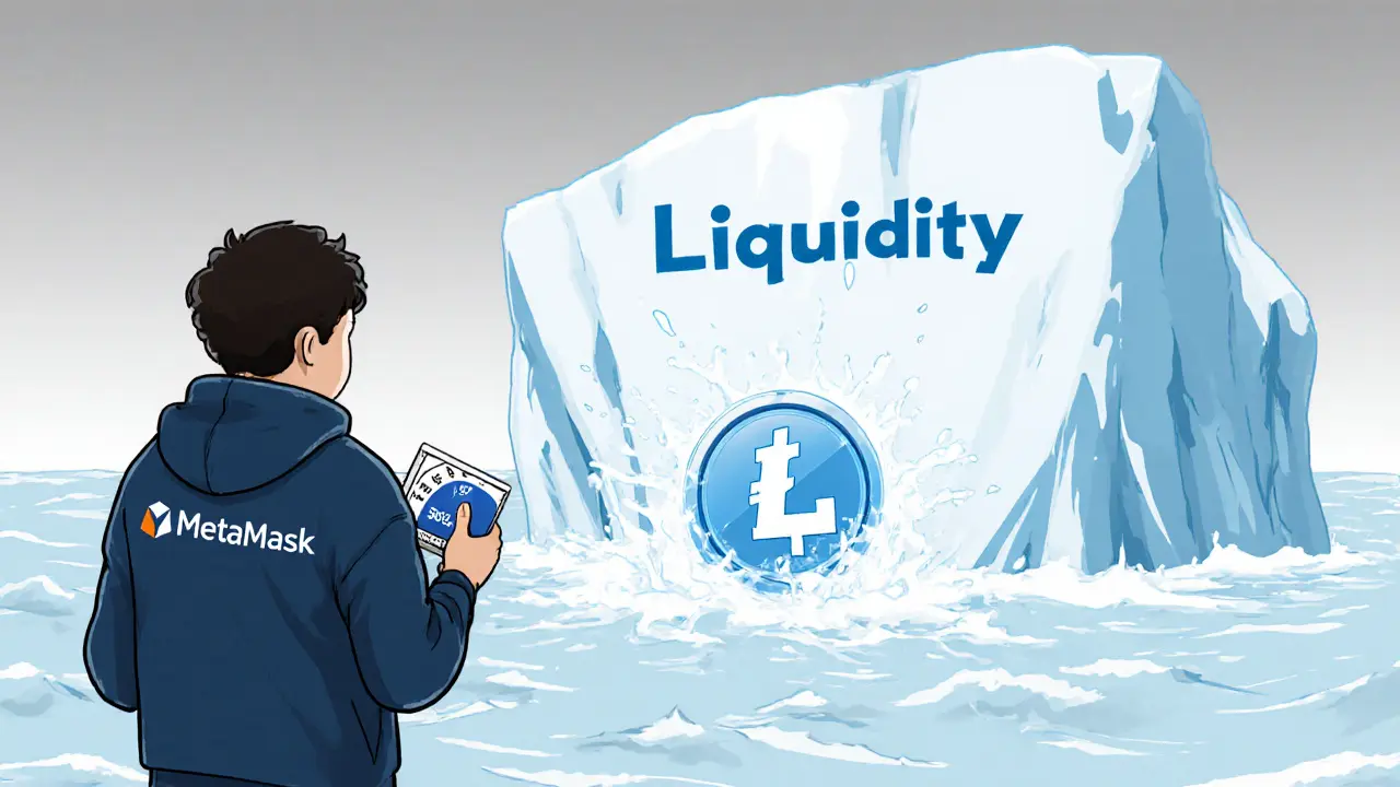 User with wallet facing a large iceberg labeled Liquidity, tiny Dreamcoin slipping into water.