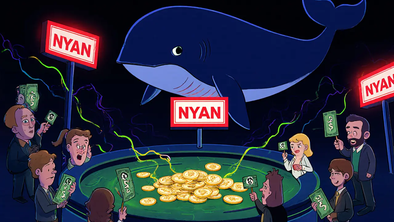 Whale labeled Top Wallet looms over scattered NYAN tokens and anxious traders.
