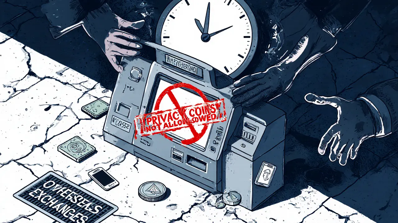 A banned privacy coin ATM with a red stamp, coin rolling away as a deadline looms, representing systemic exclusion.
