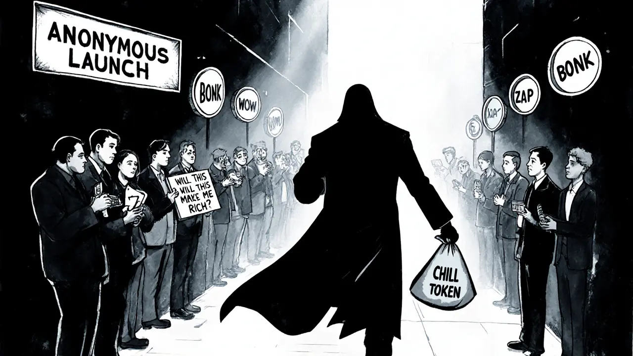 A faceless creator flees with a CHILL token bag while confused buyers clutch their wallets in a foggy alley filled with similar tokens.