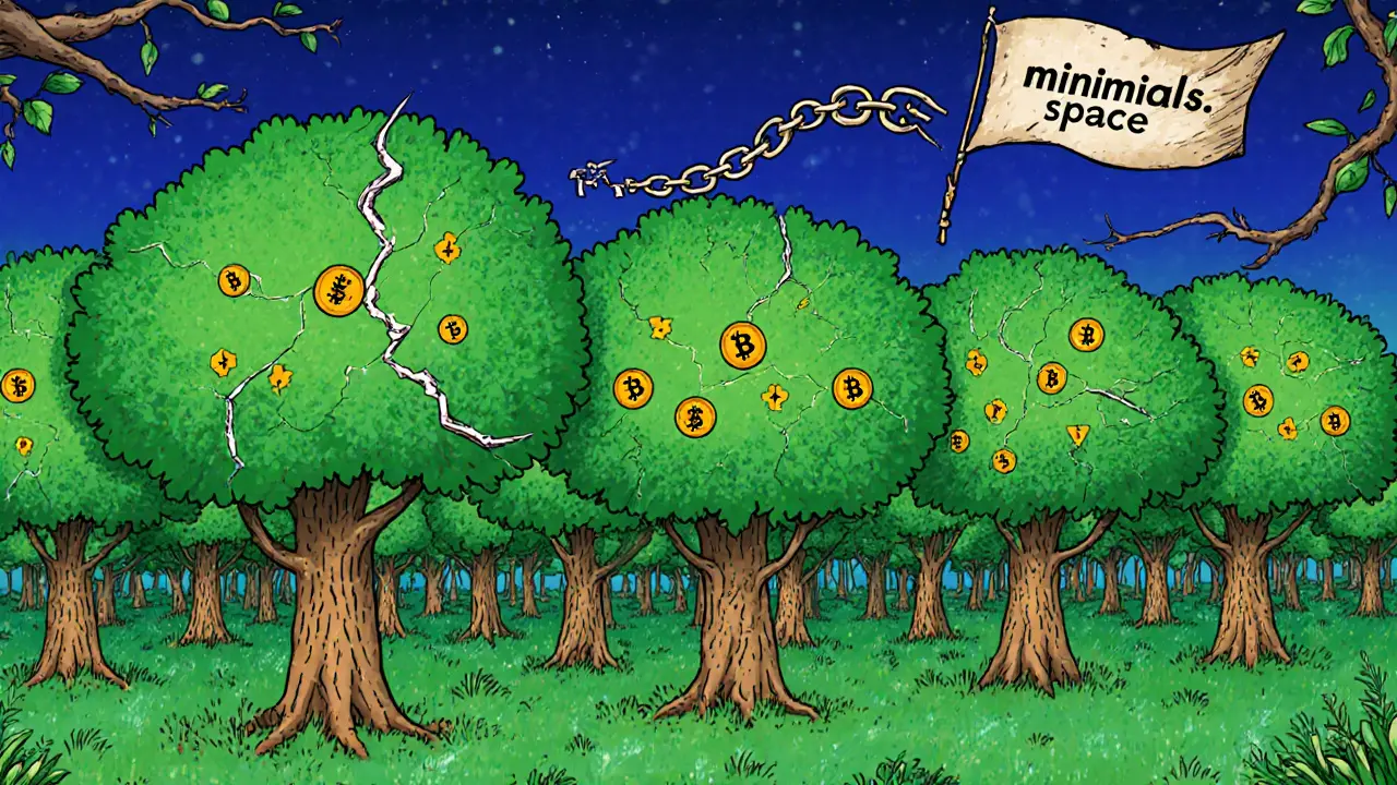 A forest of digital trees made of crypto symbols with a broken blockchain above.