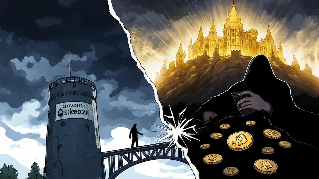 A fragile sidechain validator tower contrasted with Ethereum&#039;s massive security fortress, under threat from a hacker.