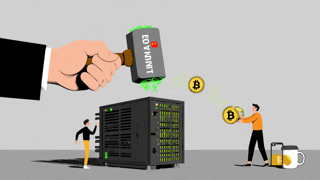 A giant hand destroys a crypto mine while users trade secretly through everyday objects, representing underground adoption.