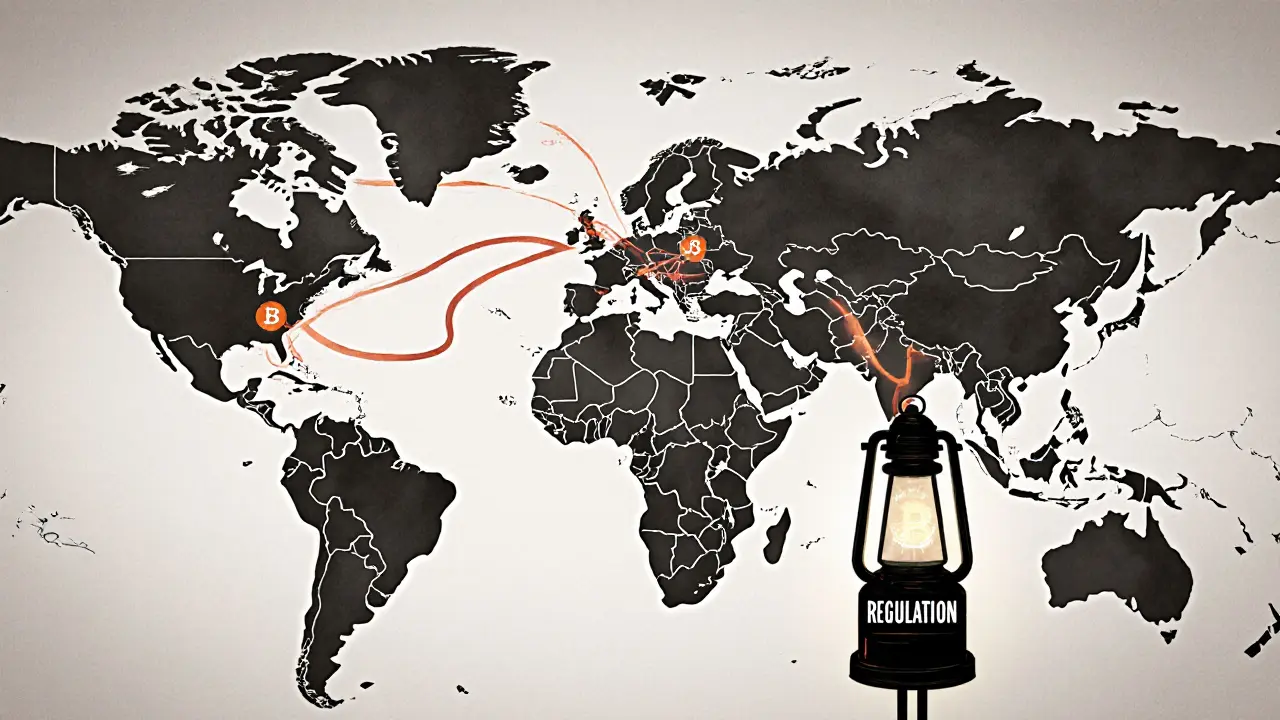 A global map with hidden crypto flows between banned countries, lit by a lantern of regulation guiding the future.