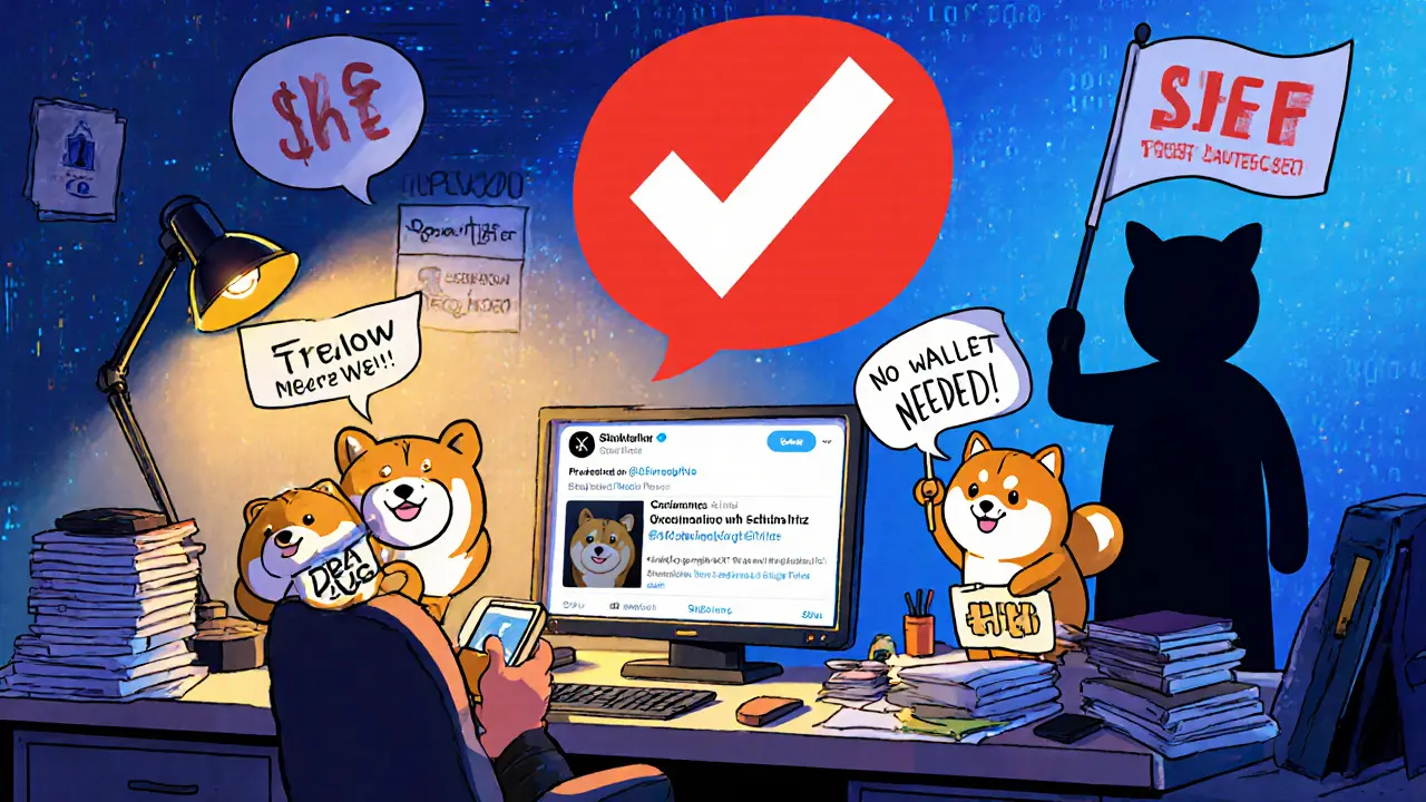 A person at a desk tagging three friends on Twitter for an airdrop, with a fading &#039;SHF Token (<h2>Why This Airdrop Exists</h2>.001)&#039; shadow in the background.